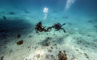 Des plongeurs au large de la ville balnéaire de Hurghada, sur la côte égyptienne de la mer Rouge, le 4 avril 2019. (Crédit : Mohamed el-Shahed / AFP)