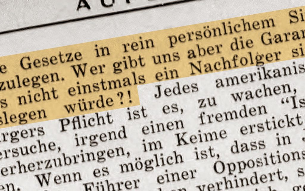 1er noivembre 1938 : "Protestation dans les urnes". Un éditorial paru dans Aufbau (un journal juif de New York) avait vivement demandé aux nouveaux-arrivants de se former sur le fonctionnement de la politique américaine pour être en mesure d'empêcher des développements similaires à ceux qui avaient amené le gouvernement au pouvoir en Allemagne (Autorisation : Institut  Leo Baeck – New York | Berlin)