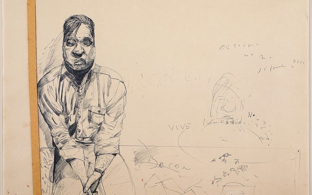 Stéphane Mandelbaum, Francis Bacon (dessin n°1), vers 1980. Stylo-bille et ruban adhésif sur papier. 48,5 x 64,5 cm. Collection Gil Weiss, Bruxelles. © Roger Asselberghs