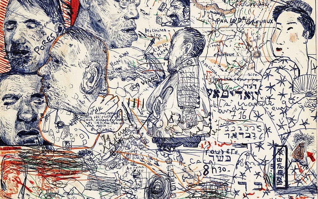 Stéphane Mandelbaum, Composition (Mishima, Bacon…), 1980. Stylo-bille sur papier. 16,7 x 23,5 cm. Galerie Zlotowski, Paris. © Galerie Zlotowski