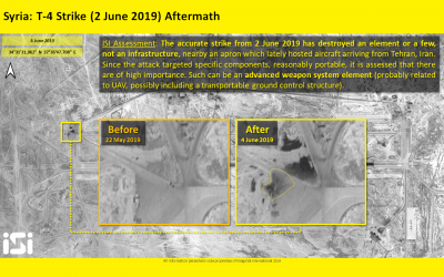 Des photos par satellite diffusées par ImageSat International montrent la base T-4 après qu'elle a été prise pour cible par des frappes aériennes attribuées à Israël près de Palmyre, le 2 juin 2019 (Crédit :  ImageSat International)