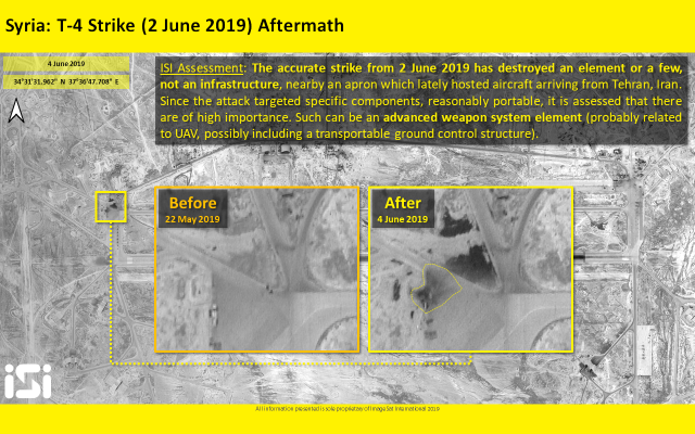 Des photos par satellite diffusées par ImageSat International montrent la base T-4 après qu'elle a été prise pour cible par des frappes aériennes attribuées à Israël près de Palmyre, le 2 juin 2019 (Crédit :  ImageSat International)