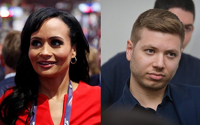 La haute-conseillère du président Donald Trump Katrina Pierson, à gauche, et Yair Netanyahu, à droite (Crédit : AP Photo/Carolyn Kaster, Flash90) La haute-conseillère du président Donald Trump Katrina Pierson, à gauche, et Yair Netanyahu, à droite (Crédit : AP Photo/Carolyn Kaster, Flash90)