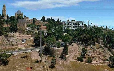 Esquisse d'architecte du projet de station de téléphérique sur le mont Sion. L'église de la Dormition est visible à gauche. (D'après les plans soumis au Conseil national de planification)