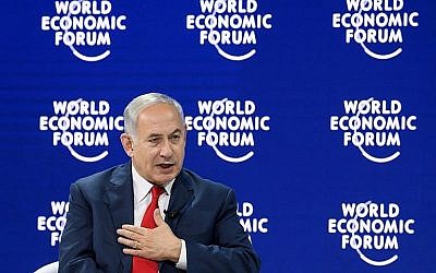 Le Premier ministre Benjamin Netanyahu à la réunion annuelle du Forum économique mondial (World Economic Forum - WEF), le 25 janvier 2018 à Davos, en Suisse. (AFP Photo/Fabrice Coffrini)