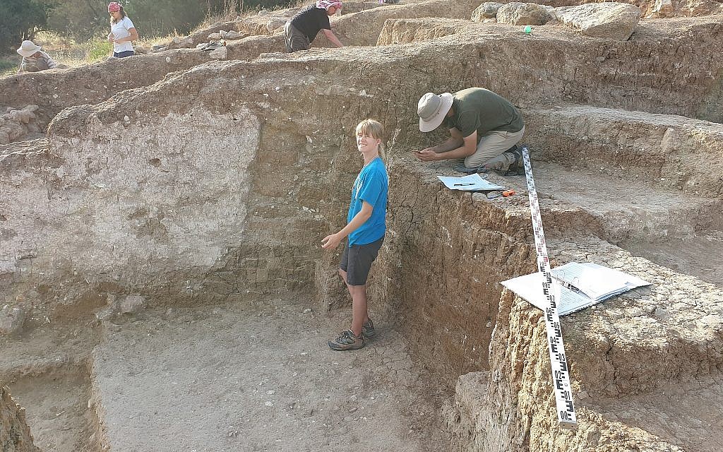 Le mur en brique de 3000 ans avec du plâtre et une embrasure de porte découverts pendant les fouilles réalisées pendant l'été 2019 dans le cadre du Projet archéologique Tell es-Safi/Gath. (Crédit : Aren Maeir/Tell es-Safi/Gath Archaeological Project)