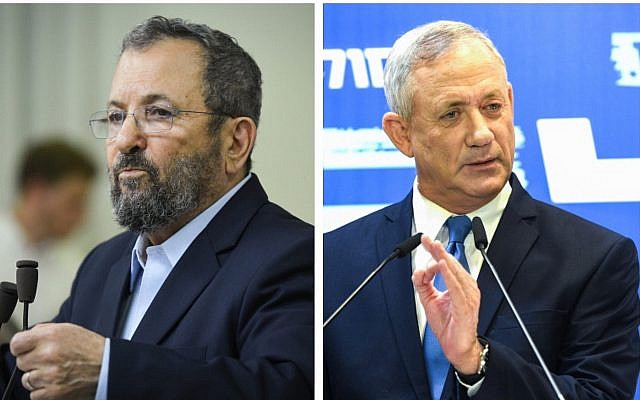 Ehud Barak, à gauche, et le leader de Kakhol lavan Benny Gantz (Crédit : Flash90)