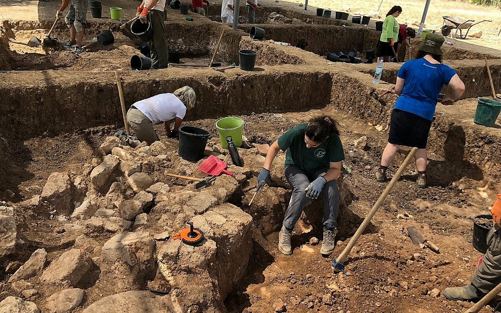 Des bénévoles sur le site du Projet archéologique Tell es-Safi/Gath, au mois de juillet 2018 (Crédit : Amanda Borschel-Dan/Times of Israel)
