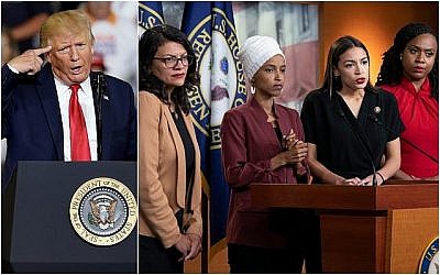 (gauche) Le président américain Donald Trump s'exprime lors d'une meeting de campagne à Greenville en Caroline du nord, le 17 juillet 2019. (AP/Gerry Broome) (droite) De gauche à droite, les élues Rashida Tlaib, Ilhan Omar, Alexandria Ocasio-Cortez et Ayanna Pressley, s'expriment lors d'une conférence de presse commune à Washington le 15 juillet 2019. (AP Photo/J. Scott Applewhite)