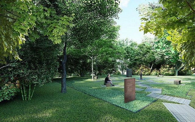 La représentation du parc mémorial sur le site de la Grande Synagogue à Oswiecim, en Pologne (Crédit : Centre Juif d'Auschwitz) La représentation du parc mémorial sur le site de la Grande Synagogue à Oswiecim, en Pologne (Crédit : Centre Juif d'Auschwitz)