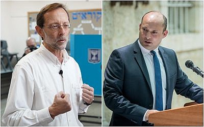 A gauche : le chef du parti Zehut Moshe Feiglin dépose son bulletin dans l'urne du bureau de vote de l'implantation de Karmei Shomron, le 9 avril 2018. (Crédit : Hillel Maeir/Flash90). A droite : Naftali Bennett, ancien ministre de l'Education, lors d'une conférence le 26 juin 2019. (Crédit : Yonatan Sindel/Flash90)
