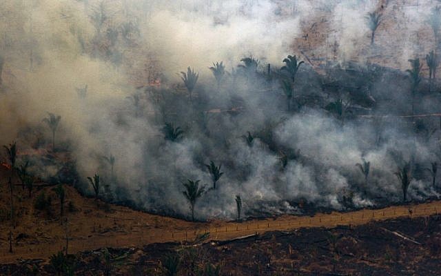 Vue aérienne de la fumée qui consume des hectares de la forêt amazonienne, dans la région de Boca do Acre, au nord-ouest du Brésil, le 24 août 2019 (Crédit : LULA SAMPAIO / AFP)