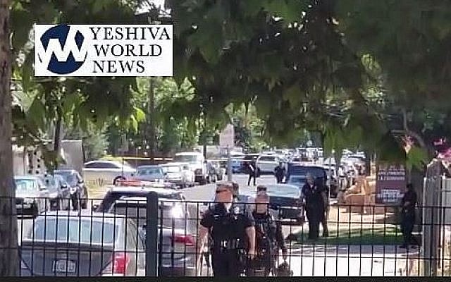 La police intervient après qu'un homme a tiré sur un bâtiment juif avec une carabine à air comprimé, en Californie. (Crédit : capture vidéo / Yeshiva World News) La police intervient après qu'un homme a tiré sur un bâtiment juif avec une carabine à air comprimé, en Californie. (Crédit : capture vidéo / Yeshiva World News)