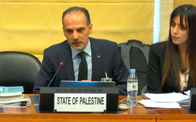 Des responsables palestiniens lors de la 99e session du Comité des Nations unies pour l'élimination de la discrimination raciale à Genève, le 14 août 2019. (Capture d'écran de la Web TV de l'ONU) Des responsables palestiniens lors de la 99e session du Comité des Nations unies pour l'élimination de la discrimination raciale à Genève, le 14 août 2019. (Capture d'écran de la Web TV de l'ONU)