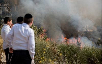 Photo d'illustration : Des enfants regardent un feu qui fait rage à Jérusalem, le 20 juillet 2017 (Crédit : Yonatan Sindel/ Flash90)
