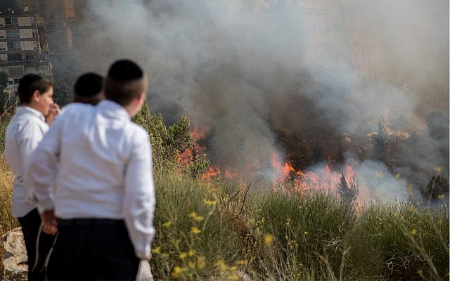 Photo d'illustration : Des enfants regardent un feu qui fait rage à Jérusalem, le 20 juillet 2017 (Crédit : Yonatan Sindel/ Flash90) Photo d'illustration : Des enfants regardent un feu qui fait rage à Jérusalem, le 20 juillet 2017 (Crédit : Yonatan Sindel/ Flash90)