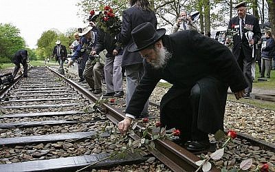Dans cette photo du 9 mai 2015, un homme pose une rose sur un rail de chemin de fer à l'ancien camp de concentration de Westerbork, aux Pays-Bas, se souvenant que 100 000 Juifs ont été transportés depuis Westerbork vers un camp de la mort nazi. (AP Photo/Peter Dejong)