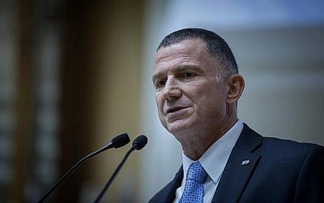 Le président de la Knesset Yuli Edelstein s'exprime devant les nouveaux élus avant leur cérémonie d'intronisation pour la 21e Knesset, le 29 avril 2019. (Noam Revkin Fenton/Flash90)