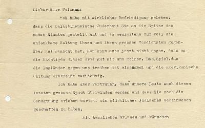 Une lettre du 19 mai 1948 d'Albert Einstein à Chaim Weizmann. (Crédit)