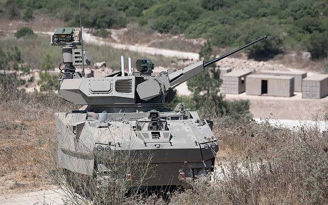 Un prototype de char conçu par Elbit Systems dans le cadre du programme Carmel du ministère de la Défense, testé le 4 août 2019. (Crédit : ministère de la Défense) Un prototype de char conçu par Elbit Systems dans le cadre du programme Carmel du ministère de la Défense, testé le 4 août 2019. (Crédit : ministère de la Défense)