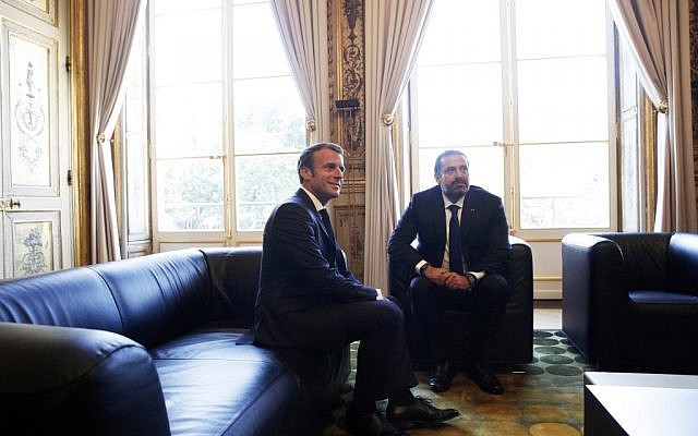 Le président français Emmanuel Macron reçoit le Premier ministre libanais Saad Hariri au Palais de l'Elysée, le 20 septembre 2019. (Crédit : Yoan VALAT / POOL / AFP)