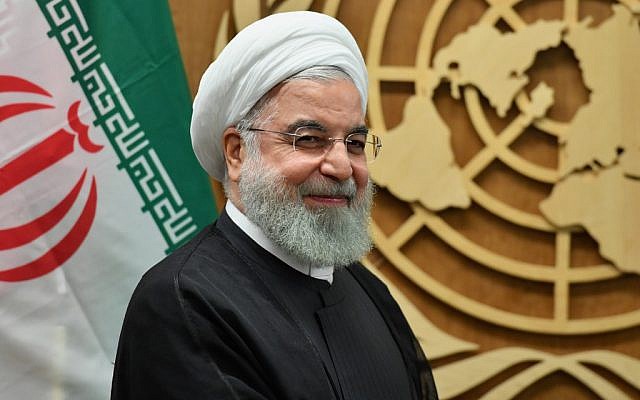 Le président Hassan Rouhani aux Nations unies à New York, le 25 septembre 2019 (Crédit : Angela Weiss / AFP) Le président Hassan Rouhani aux Nations unies à New York, le 25 septembre 2019 (Crédit : Angela Weiss / AFP)