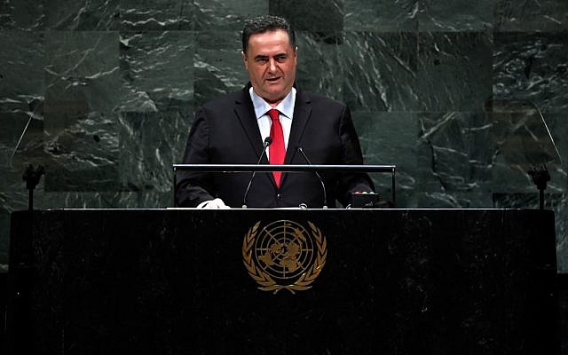 Le ministre des Affaires étrangères Israel Katz prononce un discours lors de la 74e session de l'Assemblée générale des Nations Unies, le 26 septembre 2019 au siège des Nations Unies à New York. (Johannes EISELE / AFP)