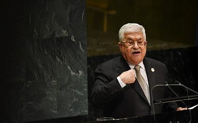 Le président de l'Autorité palestinienne Mahmoud Abbas s'exprime lors de la 74ème Assemblée générale de l'ONU à New York, le 26 septembre 2019 (Crédit : Stephanie Keith/Getty Images/AFP) Le président de l'Autorité palestinienne Mahmoud Abbas s'exprime lors de la 74ème Assemblée générale de l'ONU à New York, le 26 septembre 2019 (Crédit : Stephanie Keith/Getty Images/AFP)