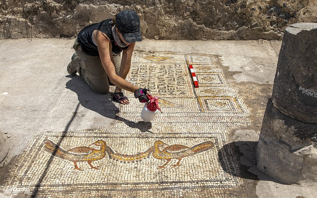La responsable de la zone Jessica Rentz nettoie une mosaïque de "l'Eglise brûlée" sur le projet de Fouilles Hippos-Sussita au parc national Susita, été 2019. (Crédit : Michael Eisenberg)