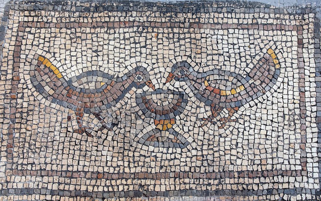 Une partie d'une mosaïque de "l'Eglise brûlée" sur le projet de Fouilles Hippos-Sussita au parc national Susita, été 2019. (Crédit : Michael Eisenberg)
