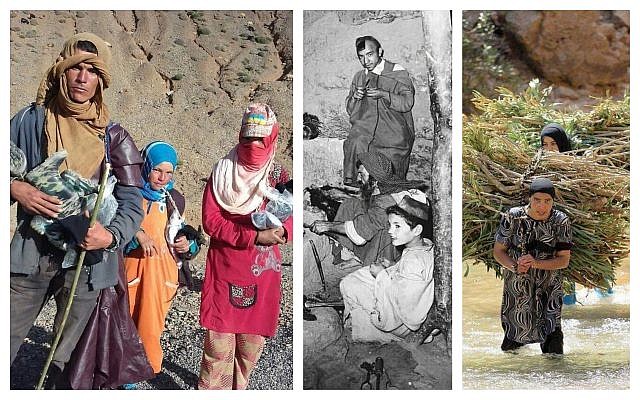 Image principale avec autorisation de différentes sources. De gauche à droite : Des villageois d'Agoudal avec du matériel acheté avec l'argent collecté sur la page GoFundMe gérée par Martha Rettig et Denise Marie ; un atelier juif-amazigh dans les montagnes de l'Atlas dans les années 1950 ; des femmes amazighes traversant une rivière portant des charges sur leur dos.