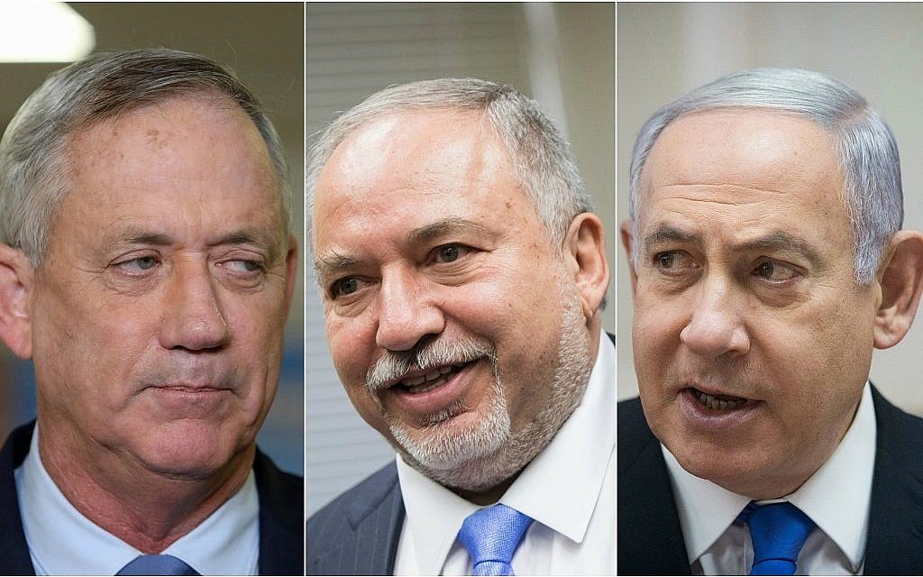 Photo montage, de gauche à droite : le chef du parti Kakhol lavan, Benny Gantz, le chef du parti Yisrael Beytenu, Avidgor Liberman, et le Premier ministre et chef du Likud, Benjamin Netanyahu. (Crédit : Yonatan Sindel, Noam Revkin Fenton/Flash90)