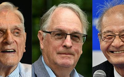 (Montage) : John Goodenough (Américain), Stanley Whittingham (Britannique) et Akira Yoshino (Japonais), récompensés par le Nobel de chimie 2019 pour l'invention des batteries au lithium-ion, aujourd'hui présentes dans de nombreuses technologies du quotidien. (Crédit : AFP)