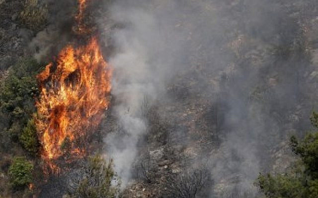 Des feux ravagent la forêt de la région montagneuse bordant le fleuve de Damour près du village de Meshref au Liban, au sud-est de Beyrouth, le 15 octobre 2019. (JOSEPH EID / AFP)