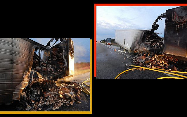Des tonnes de bagles congelés sont partis en fumée quand l'essieu arrière d'un semi remorque a pris feu, le 6 octobre 2019.
(Crédit de la police d'Etat de l'Indiana via JTA) Des tonnes de bagles congelés sont partis en fumée quand l'essieu arrière d'un semi remorque a pris feu, le 6 octobre 2019.
(Crédit de la police d'Etat de l'Indiana via JTA)