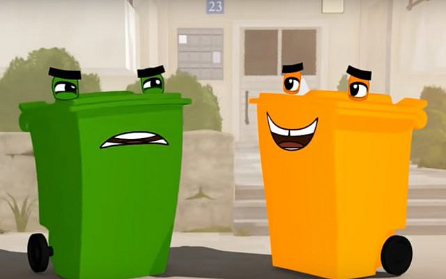 Un extrait d'un spot publicitaire de l'entreprise de recyclage Tamir montrant une poubelle verte pour les déchets ménagers aux côtés d'une poubelle orange destinée aux contenants recyclables. (Capture écran) Un extrait d'un spot publicitaire de l'entreprise de recyclage Tamir montrant une poubelle verte pour les déchets ménagers aux côtés d'une poubelle orange destinée aux contenants recyclables. (Capture écran)