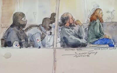 Esquisse du procès du 19 novembre représentant Mohamed Amri (2e à droite) et Anne Diana Clain (droite) qui avaient tenté de rejoindre la Syrie pour devenir jihadistes avec sa famille entre 2015 et 2016. (Crédit : Benoit PEYRUCQ / AFP)
