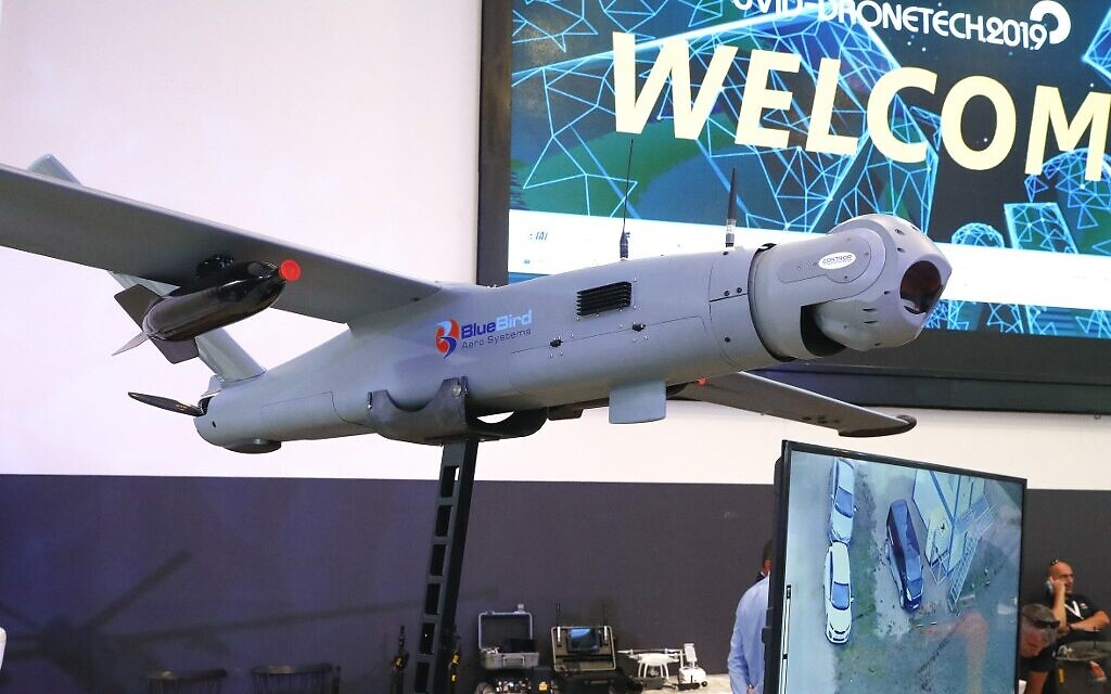 (ARCHIVES)photo pris ele 7 novembre 2019. Le ThunderB, un petit drone de la compagnie israélienne BlueBird à la  8th International Conference and Exhibition on Unmanned Systems (UVID, près de Tel Aviv. (Crédit : JACK GUEZ / AFP)