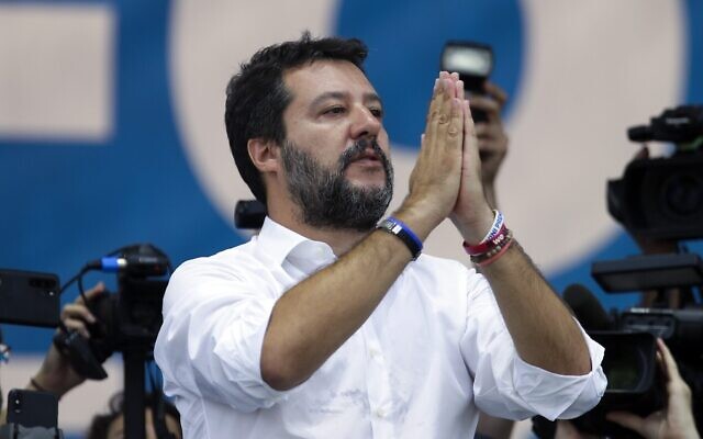 Matteo Salvini, le 15 septembre 2019. (Crédit : AP Photo/Luca Bruno) Matteo Salvini, le 15 septembre 2019. (Crédit : AP Photo/Luca Bruno)