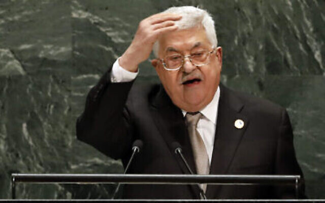 Le président de l'Autorité palestinienne, Mahmoud Abbas, s'adresse à l'Assemblée générale des Nations Unies lors de sa 74e session, le 26 septembre 2019. (AP Photo/Richard Drew) Le président de l'Autorité palestinienne, Mahmoud Abbas, s'adresse à l'Assemblée générale des Nations Unies lors de sa 74e session, le 26 septembre 2019. (AP Photo/Richard Drew)