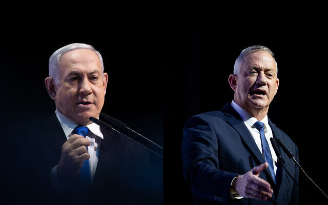 Une photo composite montre le Premier ministre Benjamin Netanyahu (à gauche) et le chef du parti Kakhol lavan, Benny Gantz (à droite), lors d'une conférence de presse à Jérusalem, le 8 décembre 2019. (Yonatan Sindel/Hadash Parush/Flash90)