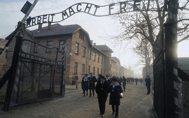 Des survivants de la Shoah passent sous la porte portant l'inscription "Le travail rend libre" après avoir déposé une gerbe au mur de la mort sur le site du mémorial de l'ancien camp de la mort nazi d'Auschwitz lors des cérémonies de commémoration du 75e anniversaire de la libération du camp à Oswiecim, en Pologne, le 27 janvier 2020. (JANEK SKARZYNSKI / AFP)