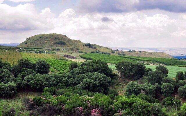 Abel Beth Maacah vu du nord-ouest, avec le plateau du Golan en arrière-plan (Crédit : Ferrell Jenkins)
