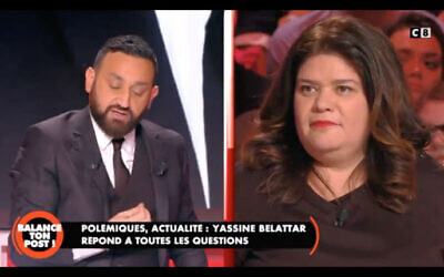 Capture d’écran de l’émission "Balance ton Post" sur la chaine C8, avec Cyril Hanouna et sa chroniqueuse Raquel Garrido. (Crédit : C8)