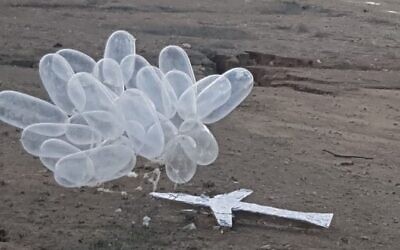 L'objet suspect ressemblant à une maquette d'avion trouvé attaché à un groupe de ballons dans une zone ouverte de la zone industrielle de Neot Hovav, dans le sud d'Israël, le 21 janvier 2020. (Capture Twitter)