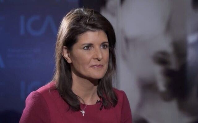 L'ex-ambassadrice aux Nations unies Nikki Haley pendant un entretien accordé à la Douzième chaîne israélienne, le 26 janvier 2020 (Capture d'écran : Douzième chaîne) L'ex-ambassadrice aux Nations unies Nikki Haley pendant un entretien accordé à la Douzième chaîne israélienne, le 26 janvier 2020 (Capture d'écran : Douzième chaîne)
