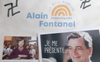 Un tract de campagne de Alain Fontanel, candidat LREM à la mairie de Strasbourg, couvert de croix gammées, reçu à son domicile, le 29 janvier 2020. (Capture d'écran Twitter)