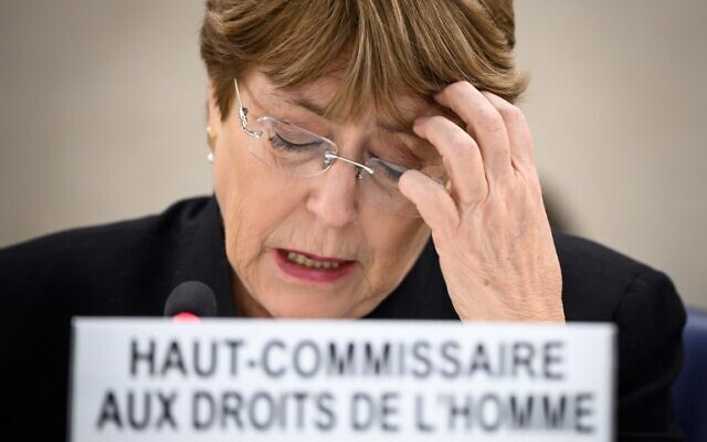 Michelle Bachelet Haut-Commissaire au droits de l'Homme à l'ONU, à Genève, le 20 mars 2019. (Crédit : Fabrice Coffrini/AFP) Michelle Bachelet Haut-Commissaire au droits de l'Homme à l'ONU, à Genève, le 20 mars 2019. (Crédit : Fabrice Coffrini/AFP)