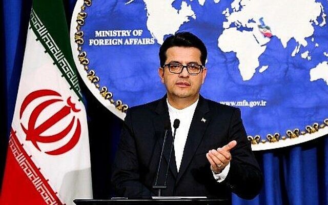 Abbas Mousavi, porte-parole du ministère iranien des Affaires étrangères, donne une conférence de presse dans la capitale Téhéran le 28 mai 2019. (Crédit : Atta Kenare/AFP) Abbas Mousavi, porte-parole du ministère iranien des Affaires étrangères, donne une conférence de presse dans la capitale Téhéran le 28 mai 2019. (Crédit : Atta Kenare/AFP)