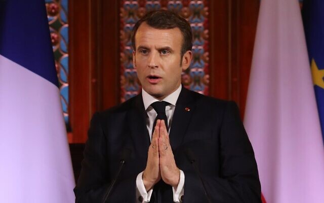 Le président français Emmanuel Macron lors d'un discours sur la Pologne et la France en Europe à l'université de Jagellonne à Cracovie, en Pologne, le 4 février 2020 (Crédit : Photo by Ludovic Marin / AFP) Le président français Emmanuel Macron lors d'un discours sur la Pologne et la France en Europe à l'université de Jagellonne à Cracovie, en Pologne, le 4 février 2020 (Crédit : Photo by Ludovic Marin / AFP)